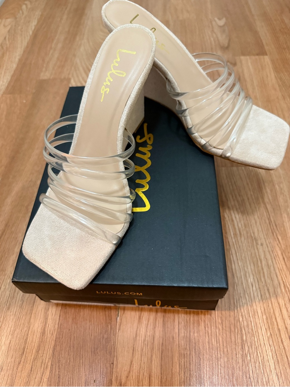 Lulu's Beige Nude Block Heel Sandals with Clear Straps - 6.5